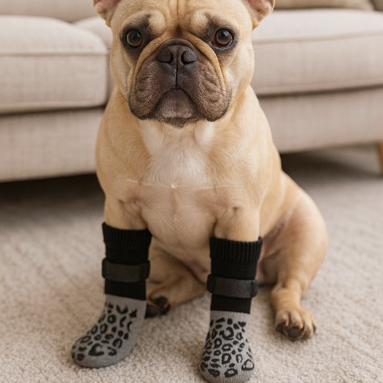 Bulldog avec Chaussette pour chien motif léopard assis devant canapé