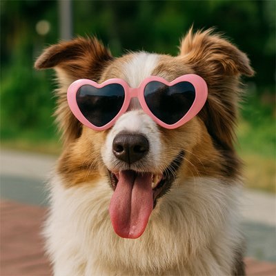 chien berger avec Lunette de soleil chien rose forme coeur
