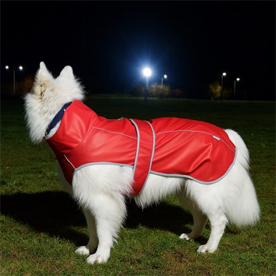 chien poils long blanc avec ImpermĂ©able pour chienâ rouge bande rĂ©flĂ©chissante
