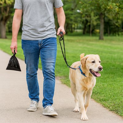 labrador en balade et Sac à crotte opaque pratique et hygiénique