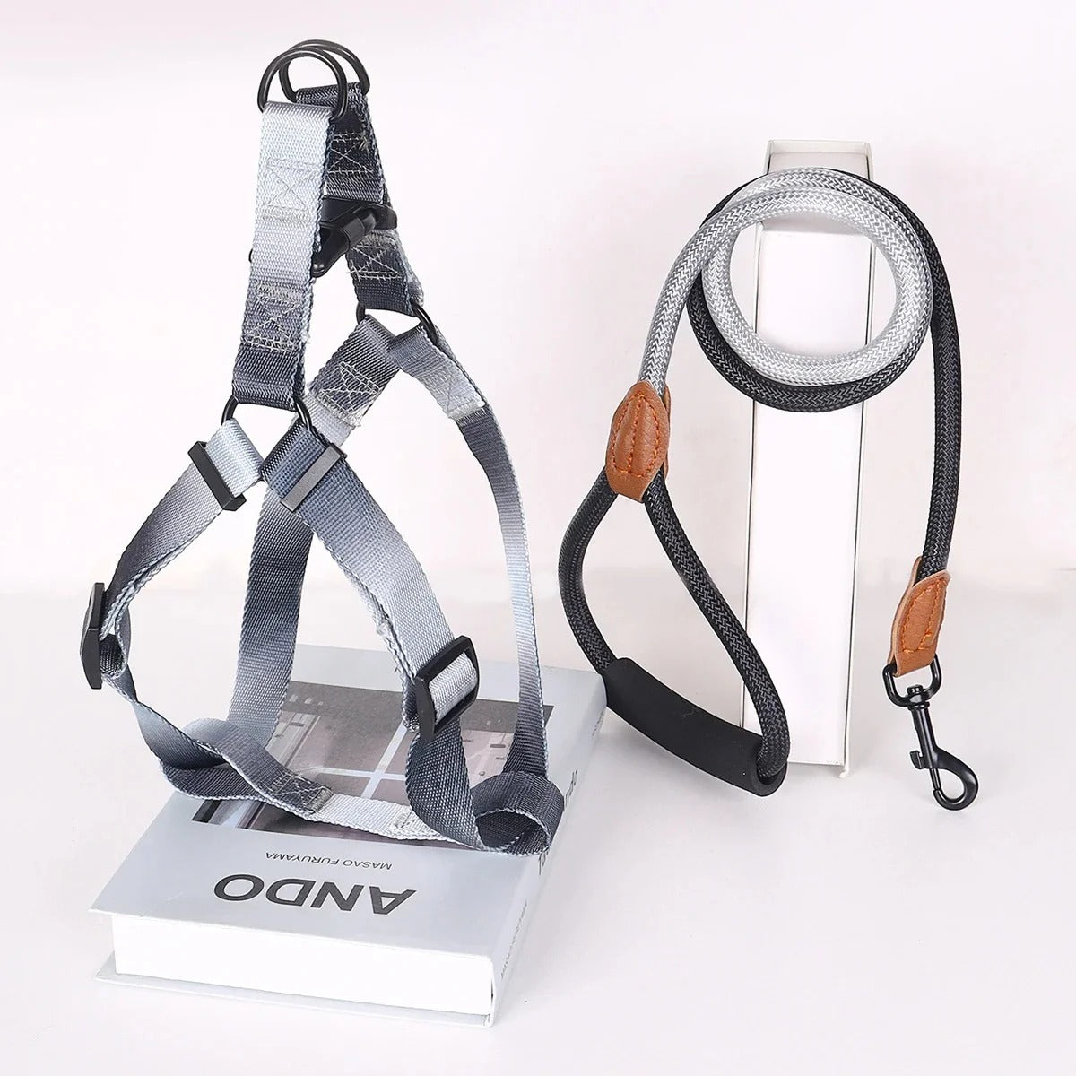 laisse-chien-kit-harnais-laisse-couleur-noir-gris-solide-et-reglable-flashdog