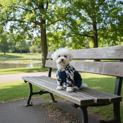 Doudoune Chien bleu marine bichon en balade