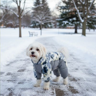 Doudoune Chien gris motif camouflage bichon