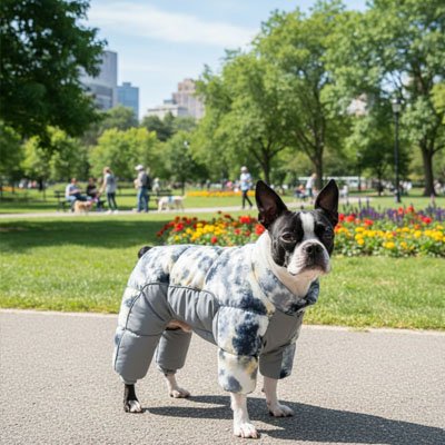 Doudoune Chien grise motif camouflage et chien en balade