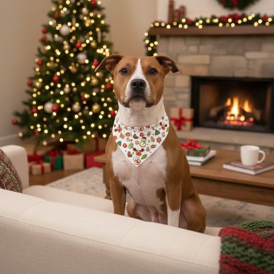 Bandana Chien blanc à motifs festifs chien assis devant sapin 