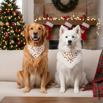 Bandana Chien blanc avec motifs festifs chiens heureux devant sapin