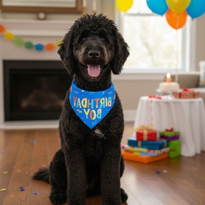 Bandana Chien bleu porté par caniche noir motif anniversaire