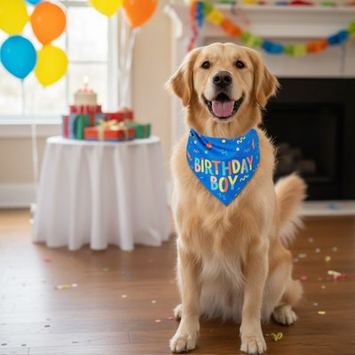 Bandana Chien bleu porté par labrador mal motif anniversaire 