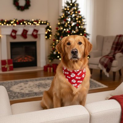 Bandana Chien rouge à motifs festifs labrador assis heureux devant sapin