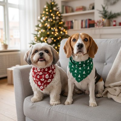 Bandana Chien rouge vert motifs festifs avec deux chiens sur canapé