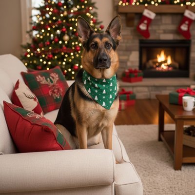 Bandana Chien vert avec motifs festifs et berger allemand heureux 