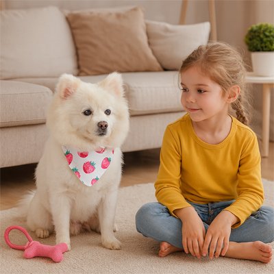 Bandana pour Chien blanc design fraises et petite fille dans salon