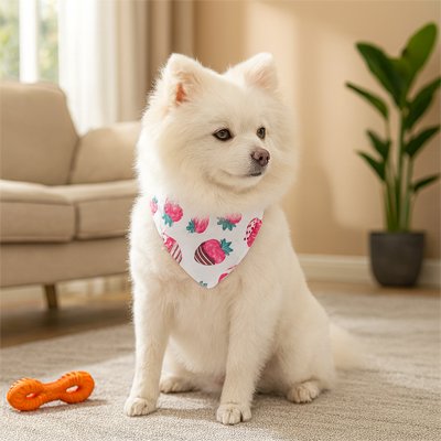 Bandana pour Chien blanc porté par petit chien longs poils avec motifs fraise 