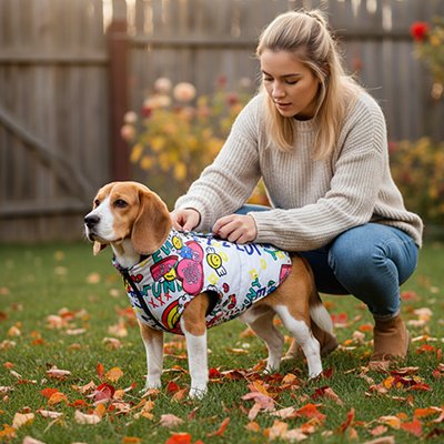 Beagle avec Imperméable pour chien​ blanc motifs fun 