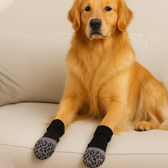 Beau labrador avec Chaussette pour chien assis sur canapé