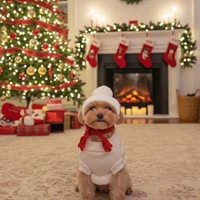 bichon avec Bonnet pour chien​ blanc à pompon noël