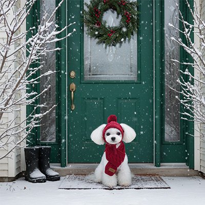bichon avec Bonnet pour chien​ rouge écharpe assortie design
