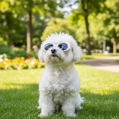 bichon blanc avec Lunettes pour chien blanche au look tendance