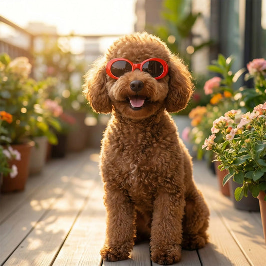 bichon avec lunettes pour chien ronde rouge look tendance