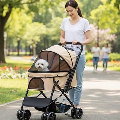 bichon dans Poussette Chien beige respirante avec maîtresse en balade