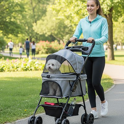 bichon dans Poussette Chien grise élégante avec maîtresse en balade