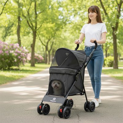 bichon et maîtres avec Poussette pour chien bleu ciel en promenade