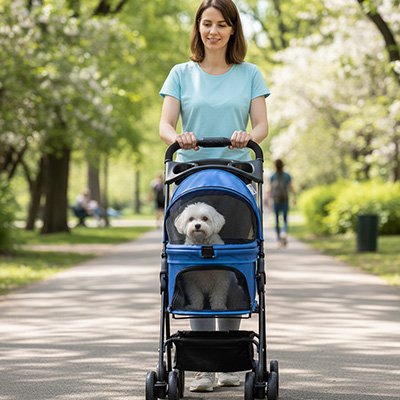 bichon heureux dans Poussette Chien bleue et maîtresse en promenade