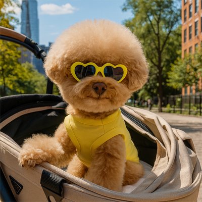 Bichon mignon avec Lunette de soleil chien jaune forme coeur