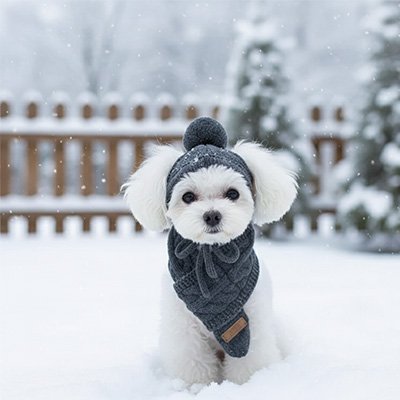 bichon portant Bonnet pour chien​ avec pompon écharpe assortie design