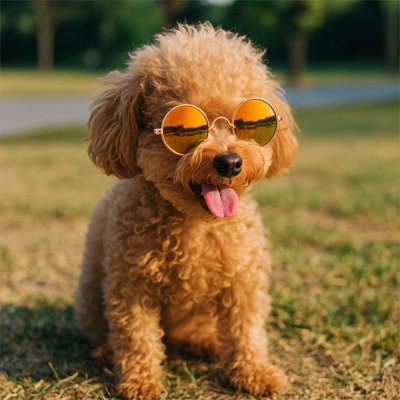 bichon portant des Lunettes pour chien assis dans l'herbe