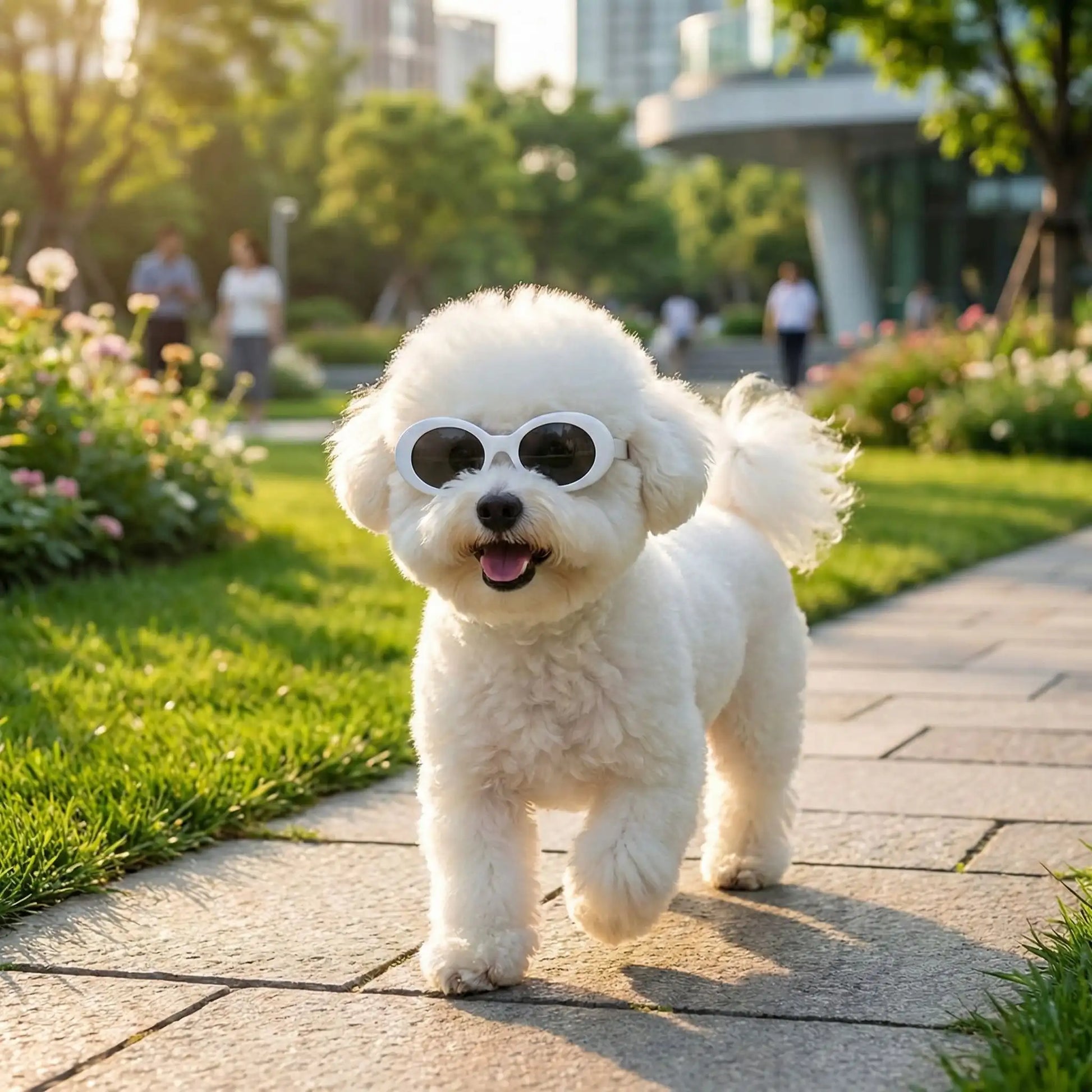 bichon se promenant avec lunettes pour chien blanches