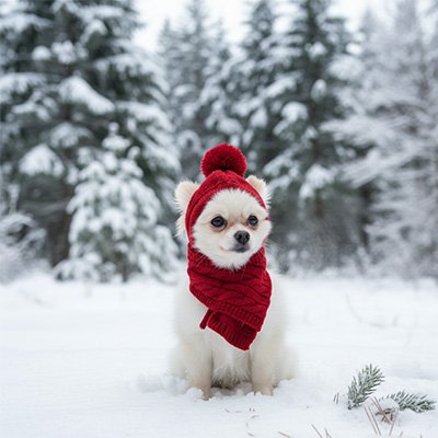 Bonnet pour chien avec pompon​ et écharpe assortie design rouge 