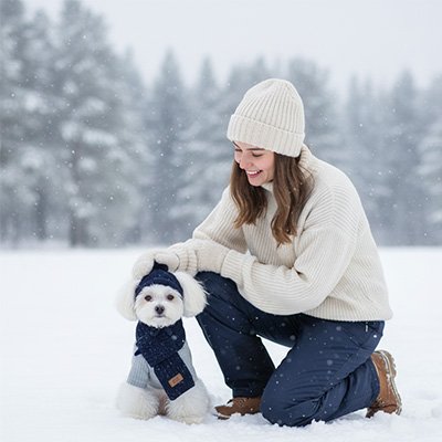 Bonnet pour chien​  et écharpe assortie design bleu marine