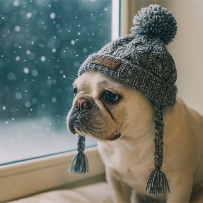 bulldog avec Bonnet chien​ gris à ponpom tricoté  tresse 