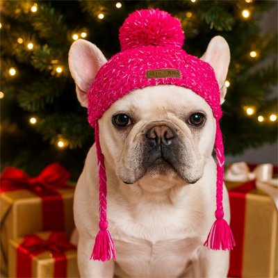 bulldog avec Bonnet chien​ rouge à ponpom tricoté  tresse