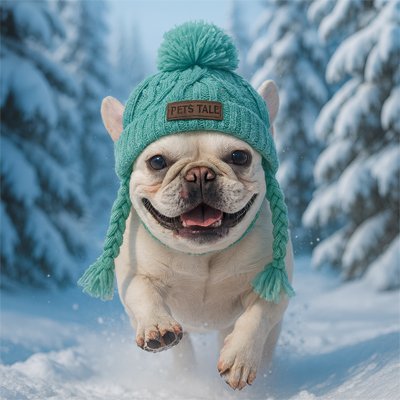 bulldog avec Bonnet chien​ vert à pompon tricoté tresse