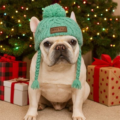 bulldog avec Bonnet chien​ vert avec tresse latérale tricoté