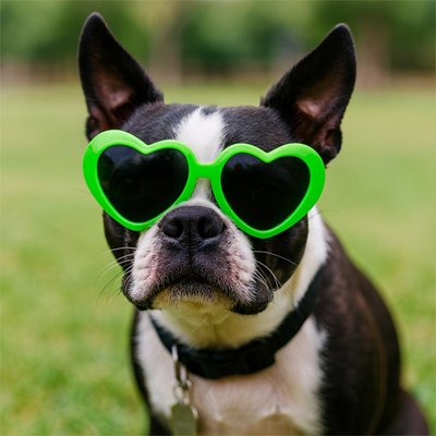 bulldog avec Lunette de soleil chien verte forme coeur