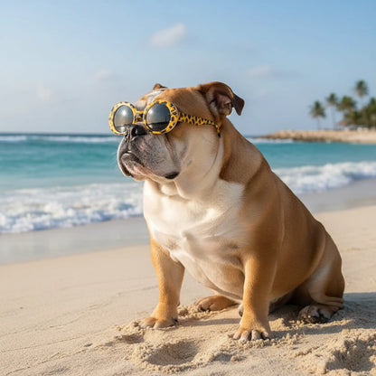 bulldog avec lunettes pour chien léopard à la plage 