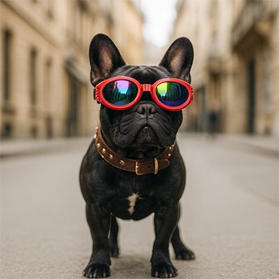 bulldog dans la rue avec Lunette de soleil chien​ rouge