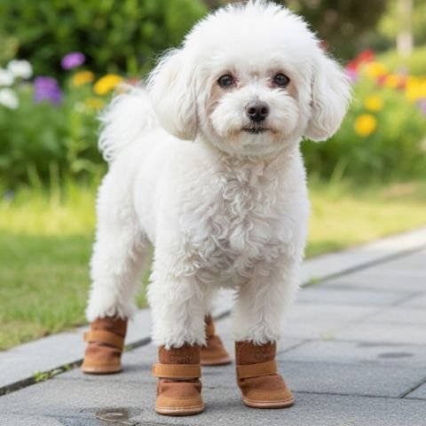 chaussure-chien-marron-sur-bichon-blanc-en-exterieur