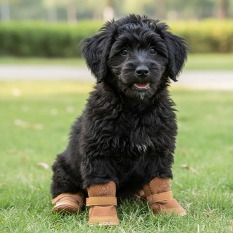 Chaussure Chien marron sur chiot mignon assis sur l'herbe