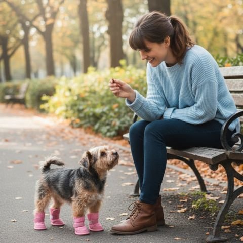 Chaussure Chien rose  avec petit york et maîtresse en forêt