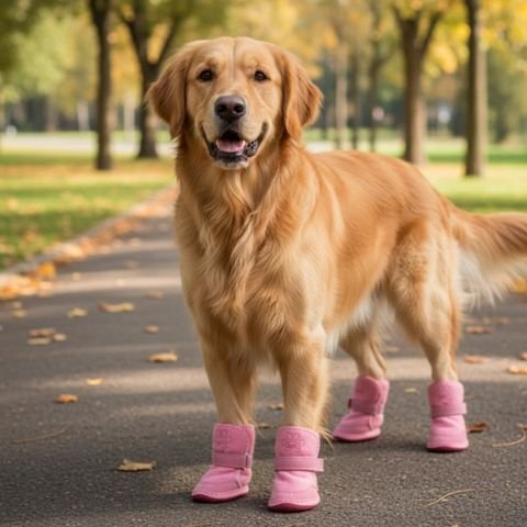 chaussure-chien-rose-sur-golden-retriever-blanc-en-foret