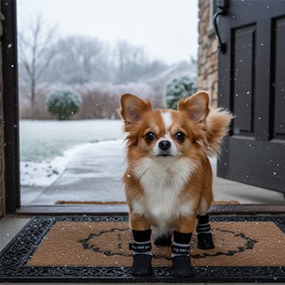 Chaussure pour Chien chiwawa devant porte maison