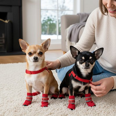 Chaussure pour Chien deux chiwawa assis sur tapis doux 