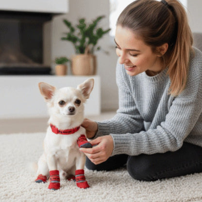 chaussure pour chien chiwawa donnant la patte et maîtresse souriante