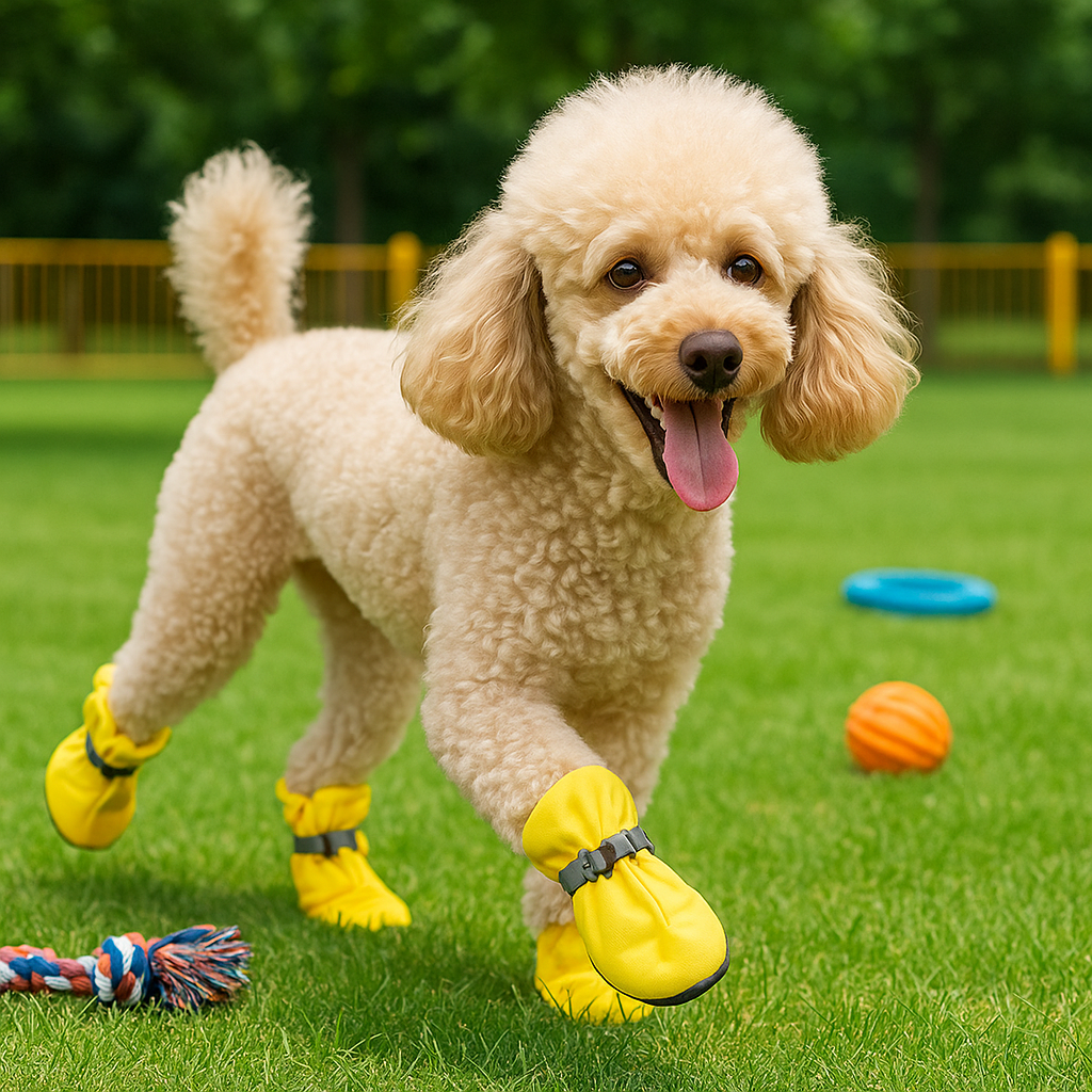 chaussures-chien-jaune-reflechissantes-caniche-mignon