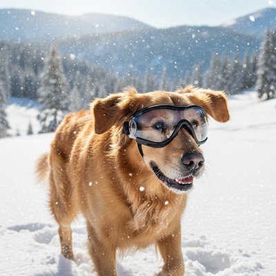 chien avec Lunette de soleil pour chien dans la neige