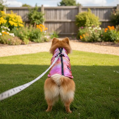 chien dans jardin avec Manteau Chien rose brillant design 
